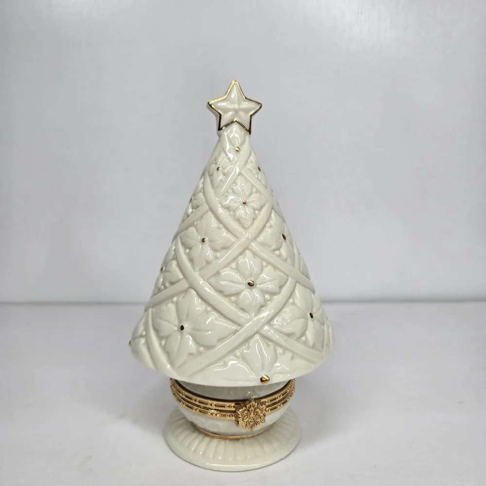 Vtg Ceramic Christmas Tree Hinged Trinket Box White‎ Gold Stars Holiday Decor